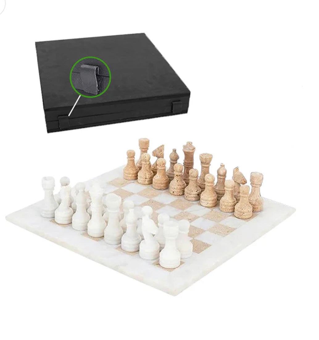 Marble Chess Set With Storage Box - Travertine
