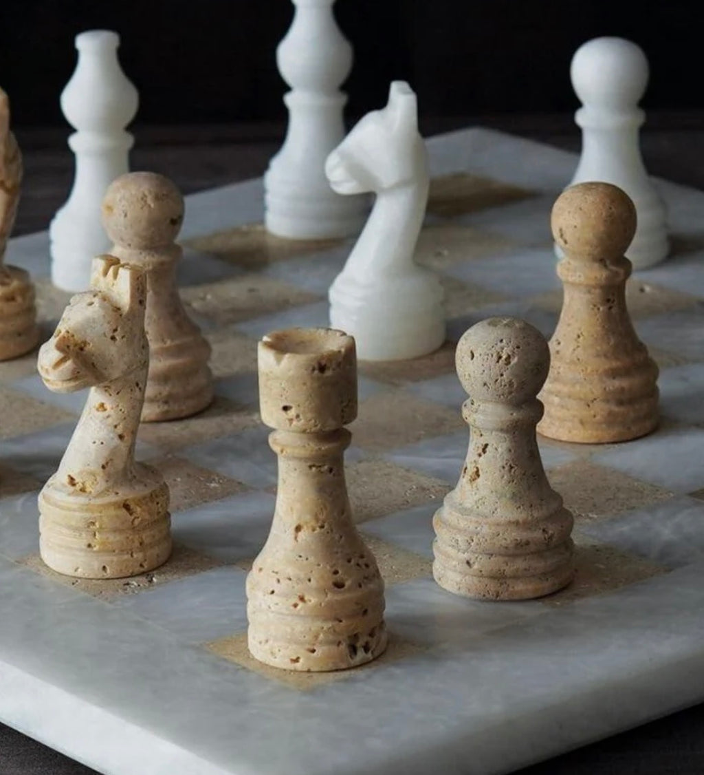 Marble Chess Set With Storage Box - Travertine