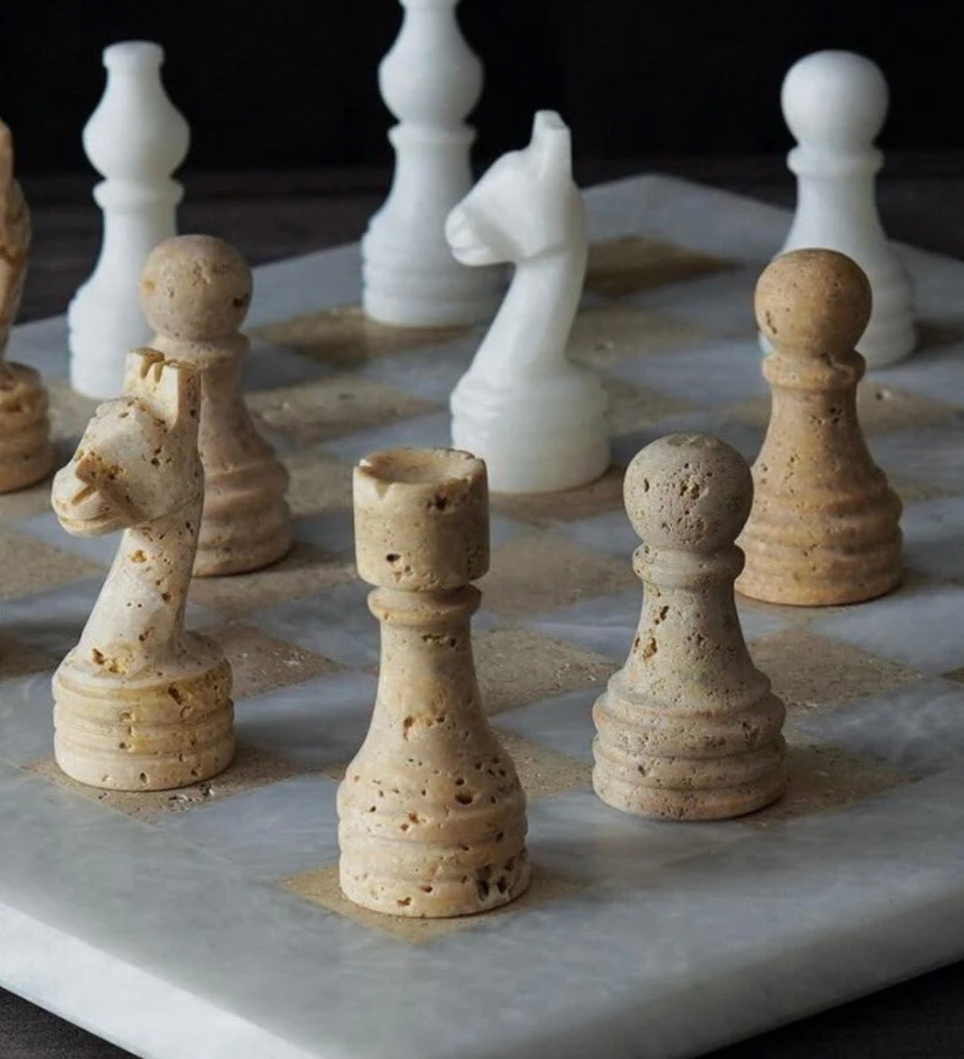 Marble Chess Set With Storage Box - Travertine