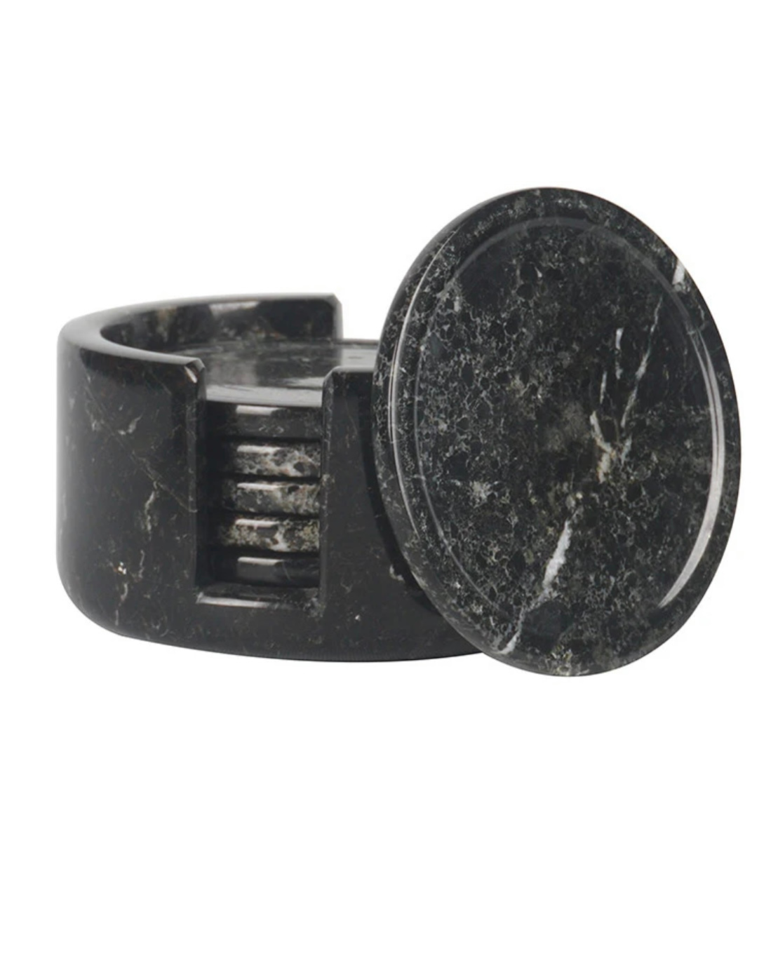 Round Marble Coasters In Holder Black