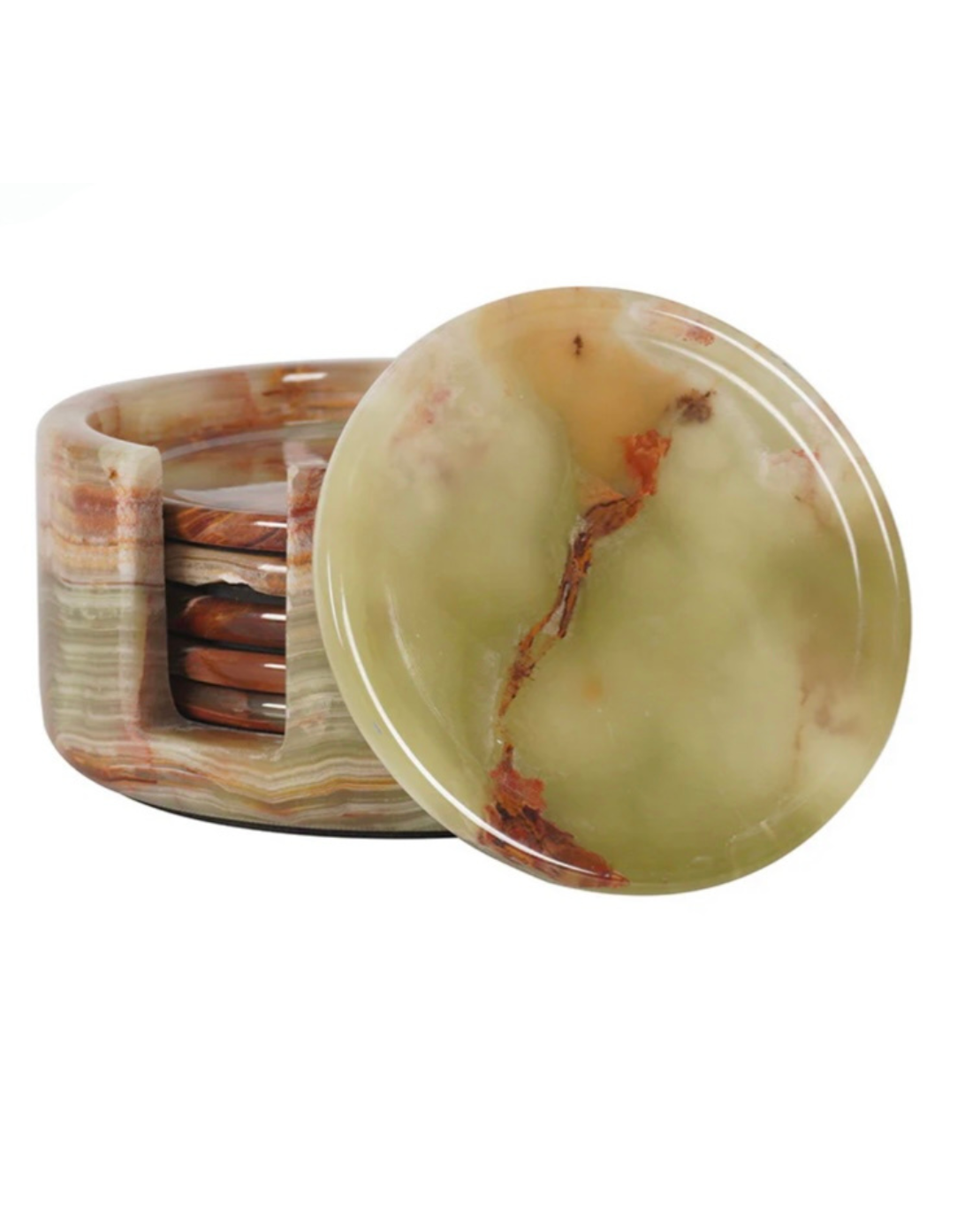 Round Marble Coasters In Holder Green